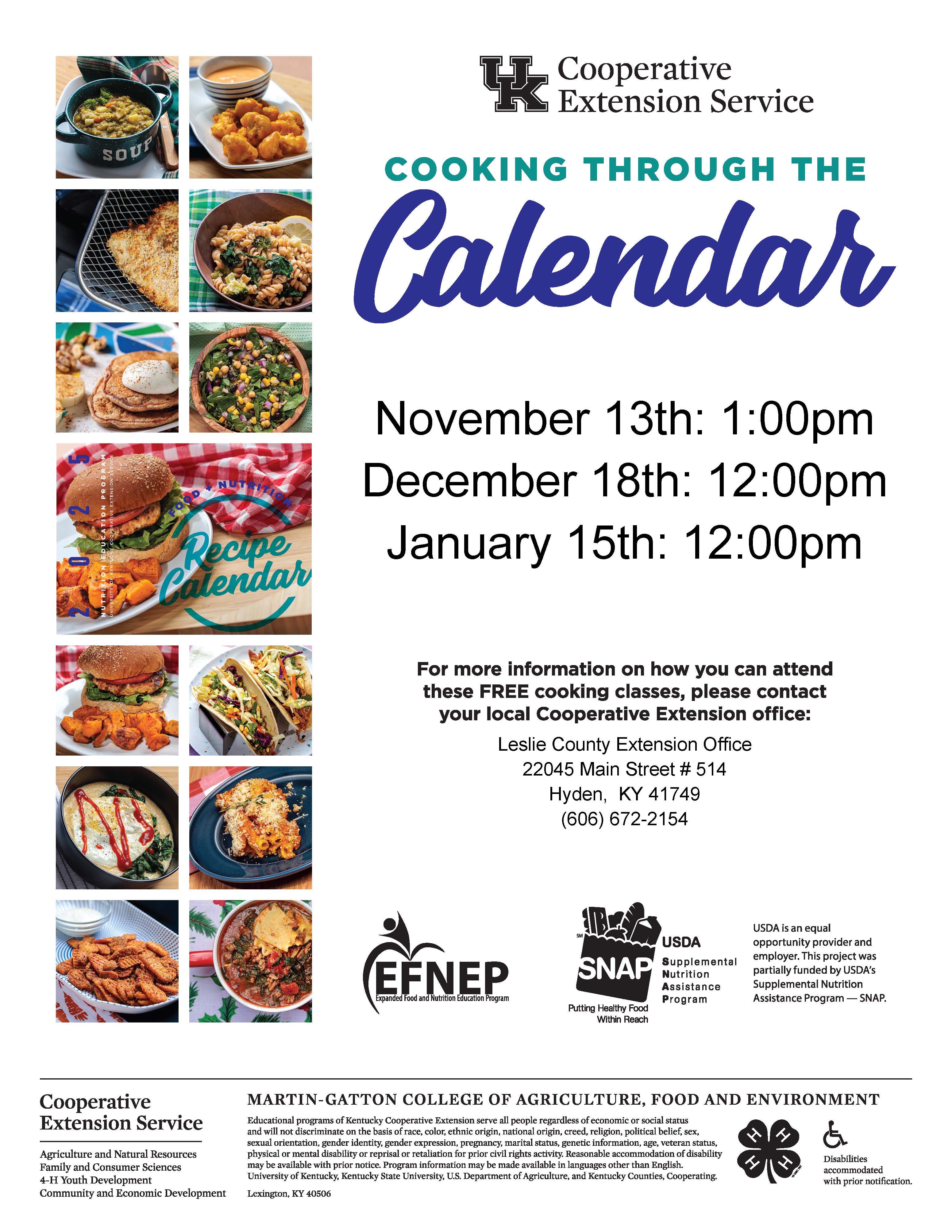Flyer with dates & times of Cooking Through the Calendar events